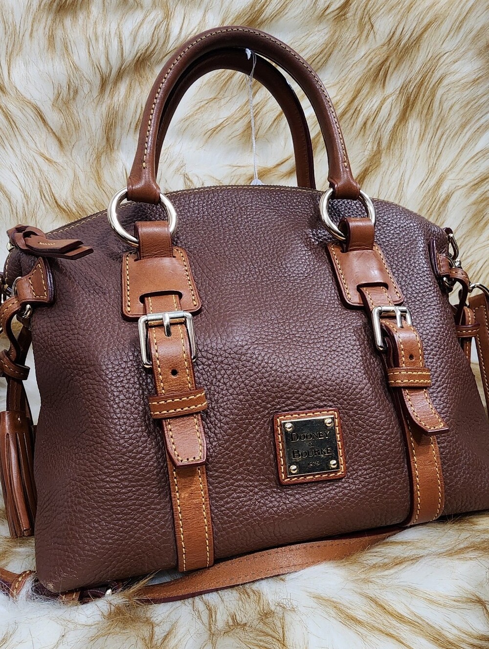 Dooney & Bourke Brown Pebbled Leather Satchel with Tan Trim